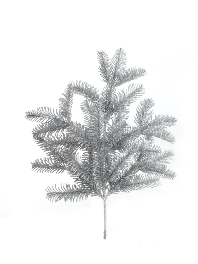 Silver 16" Glitter Pine Pick - Sparkling Artificial Pine Spray for Christmas Decor, Wreaths, and Holiday Arrangements Add Glamour and Shine to Your Festive Creations with this Silver Glitter Pine Pick