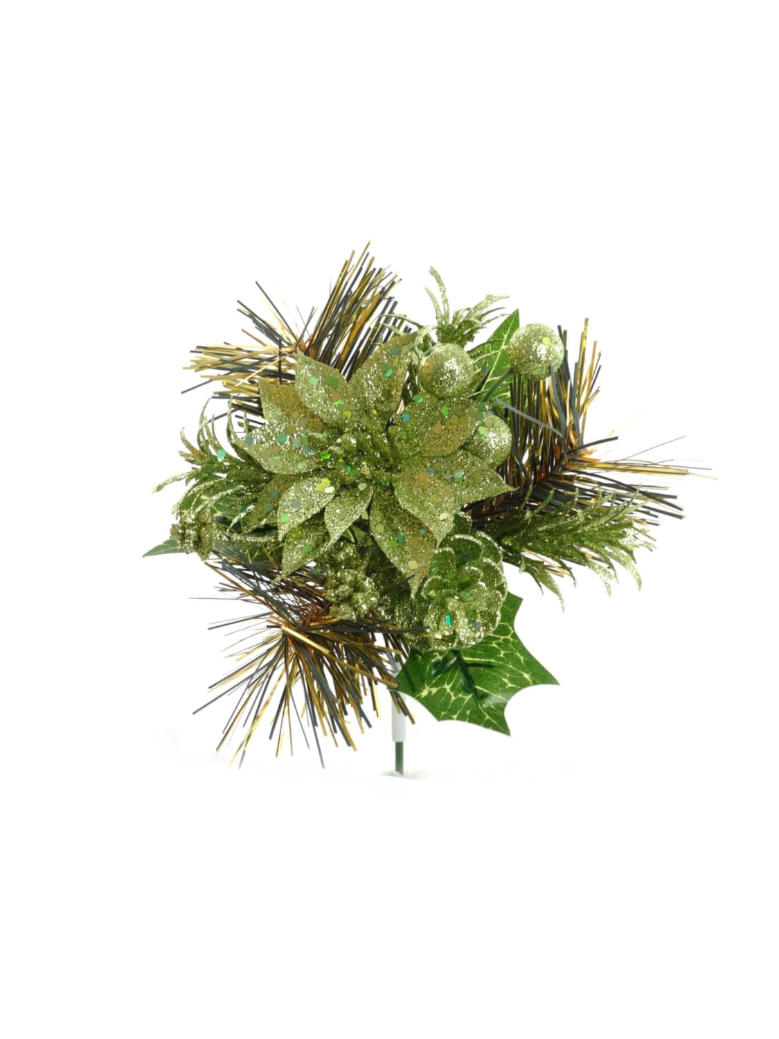 Elegant Glitter Pine Pick with Poinsettia, Cones, and Holly Sparkling Holiday Decorations - Versatile Design for Christmas Crafts, Wreaths, and Floral Arrangements