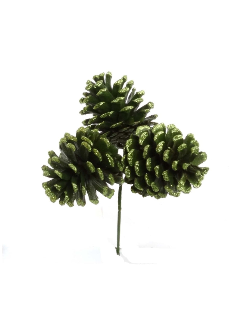 36-Pack of 2.5-Inch Green Pine Cone Picks with Glitter Edge - Festive Decorative Picks for Holiday Crafts, Wreaths, and Floral Arrangements - Sparkling Christmas Pinecones