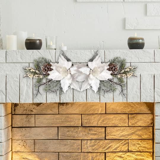 16-Inch Deluxe Frosted Poinsettia and Pine Pick - Premium Artificial Christmas Floral Accent - Elegant Winter Wonderland Flower Sprays for Holiday Wreaths and Centerpieces