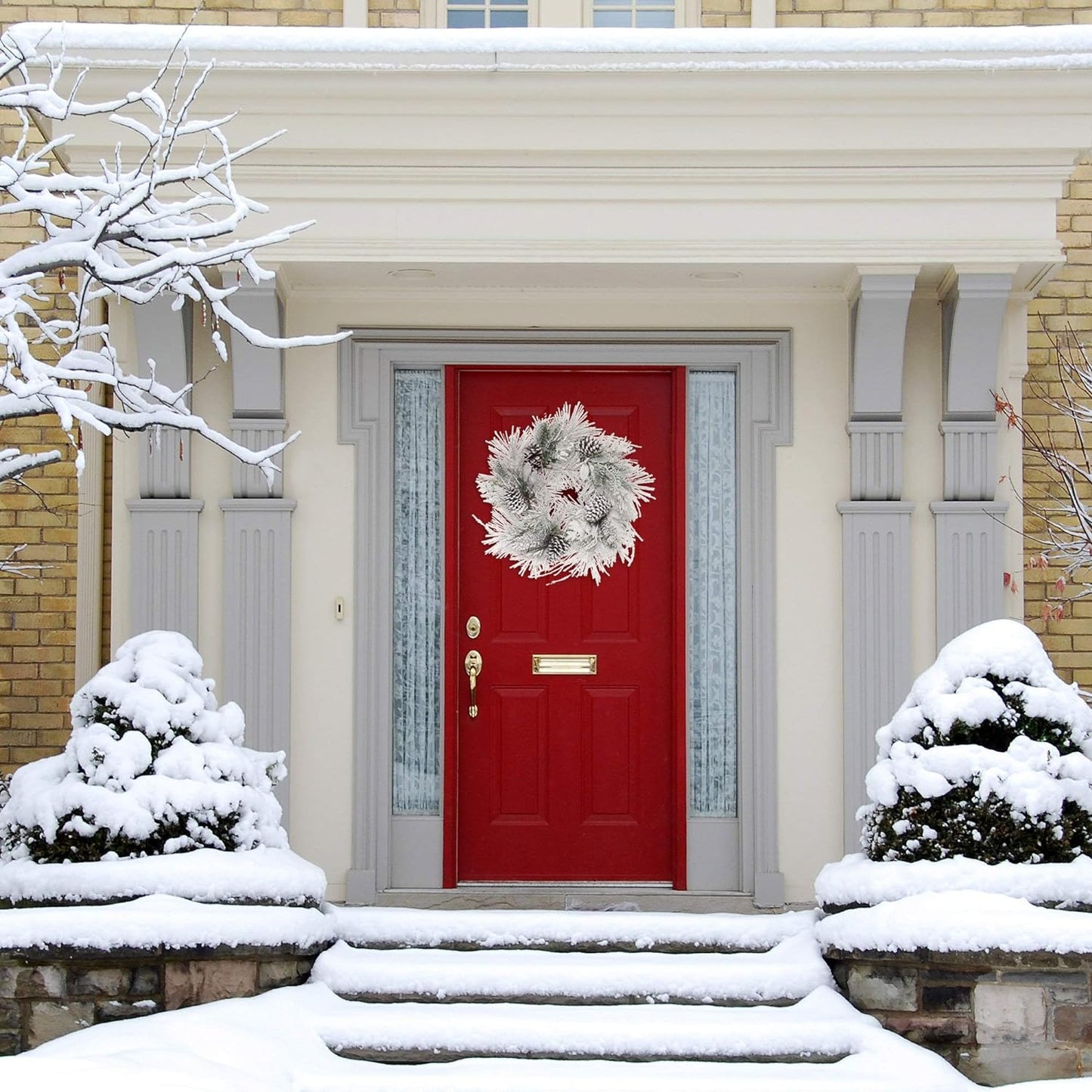 Celestial 24-Inch Snow Pine and Leaves Wreath - Elegant Winter Door Decor, Frosted Pinecone Accents, Perfect for Christmas and Holiday Season
