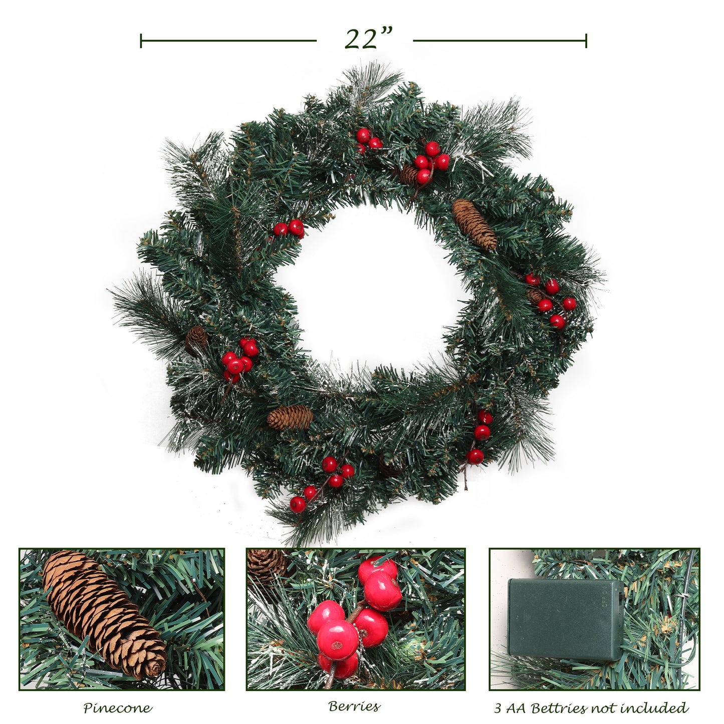 22" Pine Wreath | Pinecones & Berries Included | Lifelike Greenery | Indoor/Outdoor Use | Holiday & Christmas Décor | Perfect for Front Door, Wreaths, & Garlands