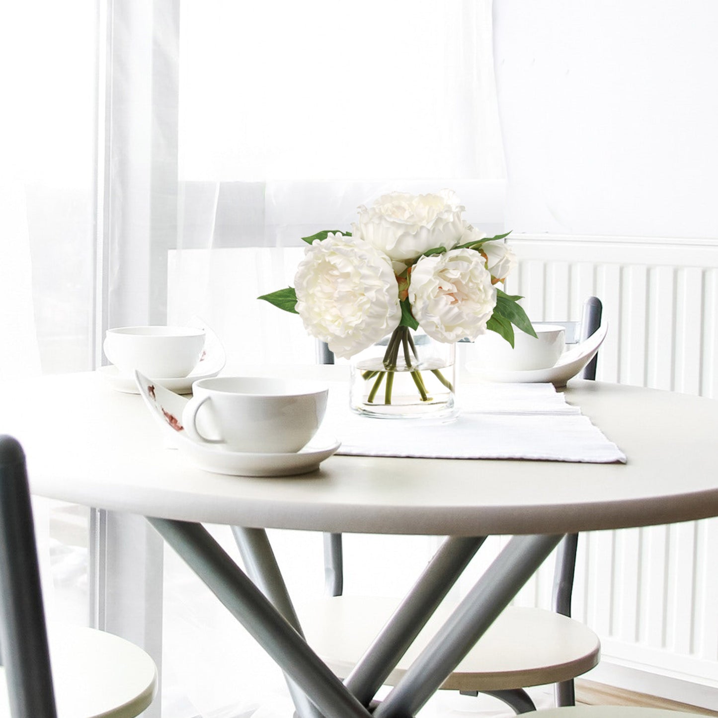 Exquisite White Peony Arrangement with 7 Lush Fronds in Elegant Glass Vase - Perfect Home Decor Accent