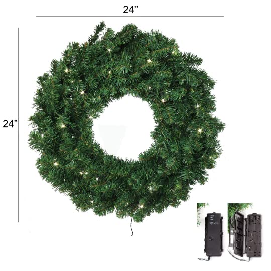 24" LED Timer North Wreath, Pre-lit Artificial Greenery with Energy-efficient Lights for Holiday Christmas Home Decor, Front Door Display, Festive Winter Season Decoration