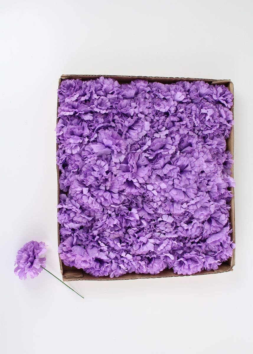 Lavender Silk Carnation Picks, Artificial Flowers for Weddings, Decorations, DIY Decor, 100 Count Bulk, 3.5" Carnation Heads with 5" Stems