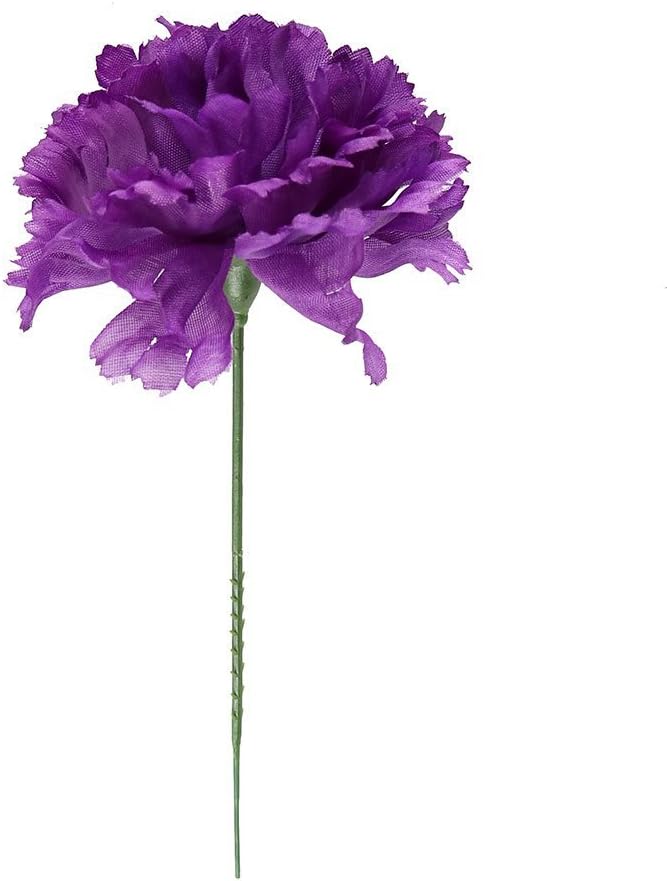 Purple Silk Carnation Picks, Artificial Flowers for Weddings, Decorations, DIY Decor, 100 Count Bulk, 3.5" Carnation Heads with 5" Stems