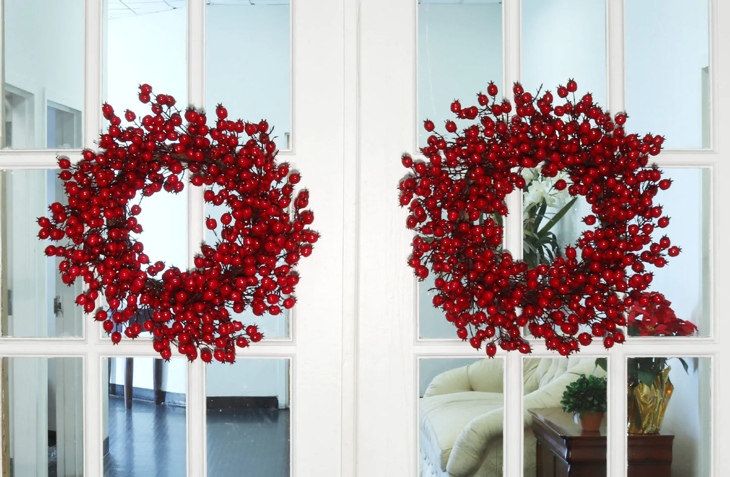 Artificial Red Berry Wreath Hawthorn Twig Berries Front Door-20"