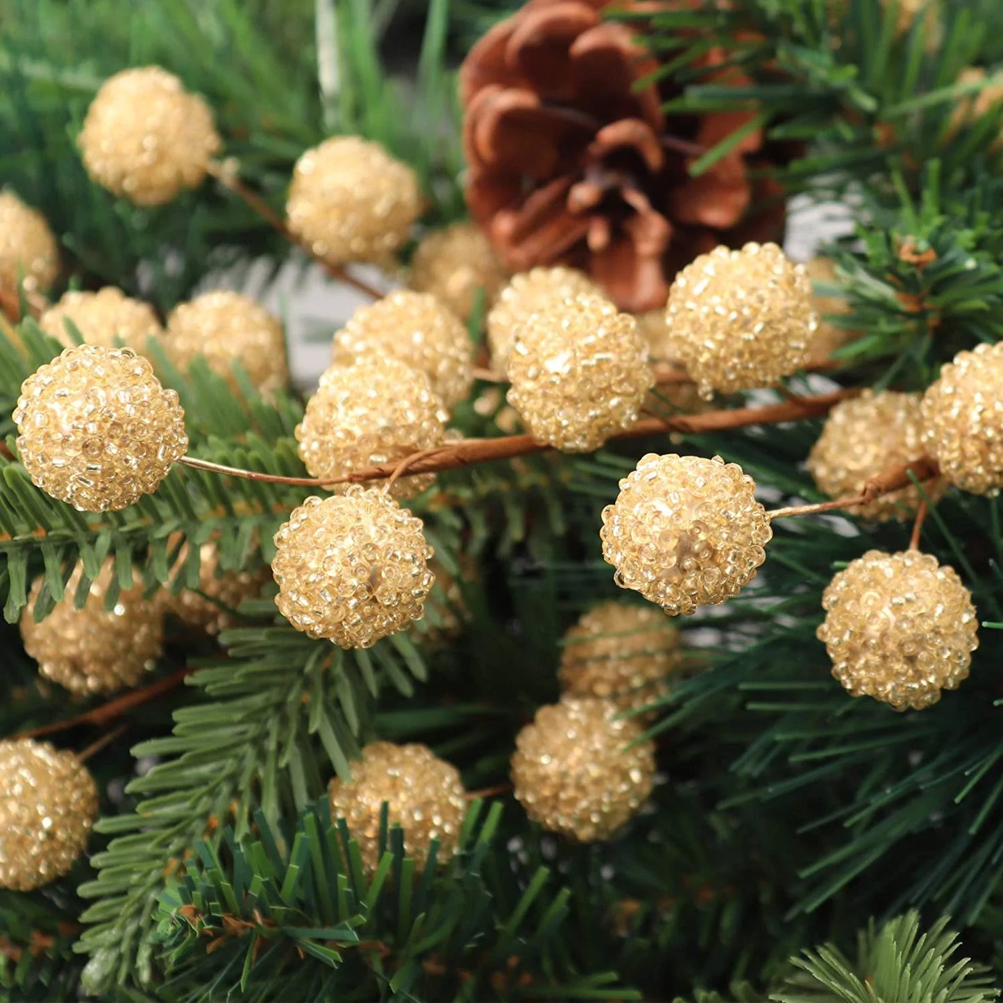17" Artificial Beaded Gold Berry Spray, 25 Berries, Elegant Decorative Accent for Floral Arrangements, Crafts & Christmas Decor