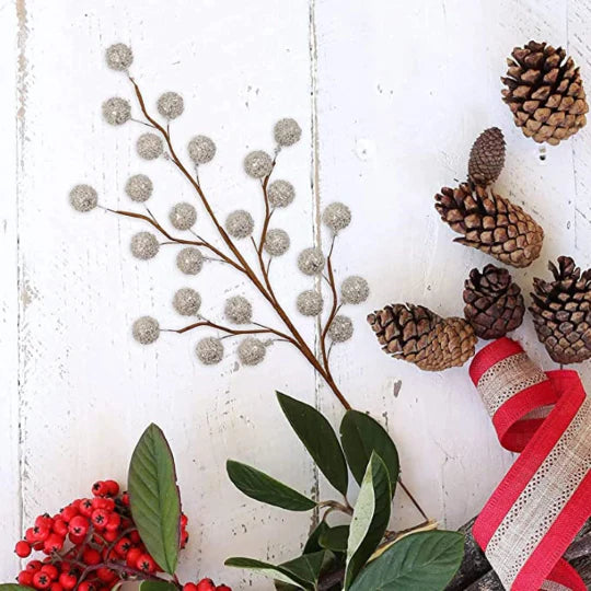12 Silver Holly Berry Decorative Wire Stem Picks, 19" Long, Sparkling Christmas Branches, Holiday Floral Arrangements and Wreaths