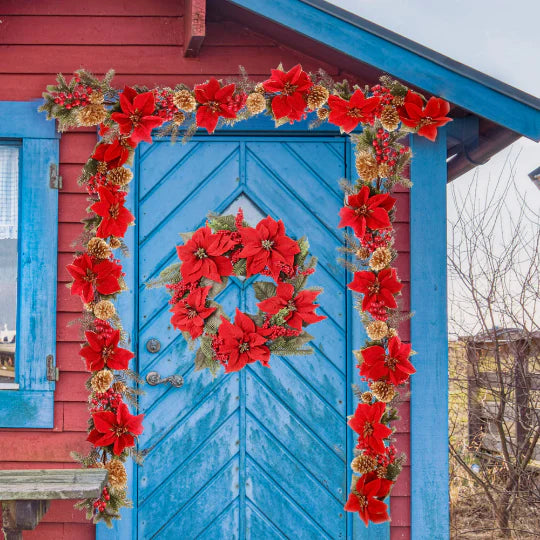 5-Foot Artificial Christmas Garland with Poinsettias, Berries, Pine, Gold Cones, and Lush Foliage - Festive Holiday Decor