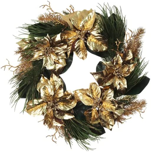 Premium 22-Inch Christmas Wreath with Gold Poinsettias, Lush Berries, and Pine Branches - Elegant Holiday Decor