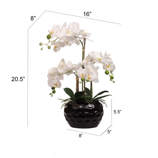 Artificial 20" White Orchid Flower in Black Vase - Elegant Lifelike Faux Floral Decor, Real Touch Design, Easy Maintenance, Premium Quality, Perfect for Home & Office Centerpieces