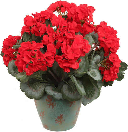 Red Geranium Bush Arrangement UV Resistant Lifelike Foliage and Flowers Green Vase with Intricate Design Moss Covered Indoor Outdoor Décor