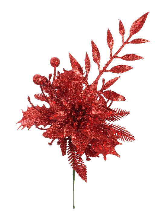 7" Glittered Poinsettia Cedar Holly Pick in Red, Set of 60 Pieces, Festive Holiday Decorations with Sparkling Glitter Accents, Perfect for Christmas & Seasonal Decor