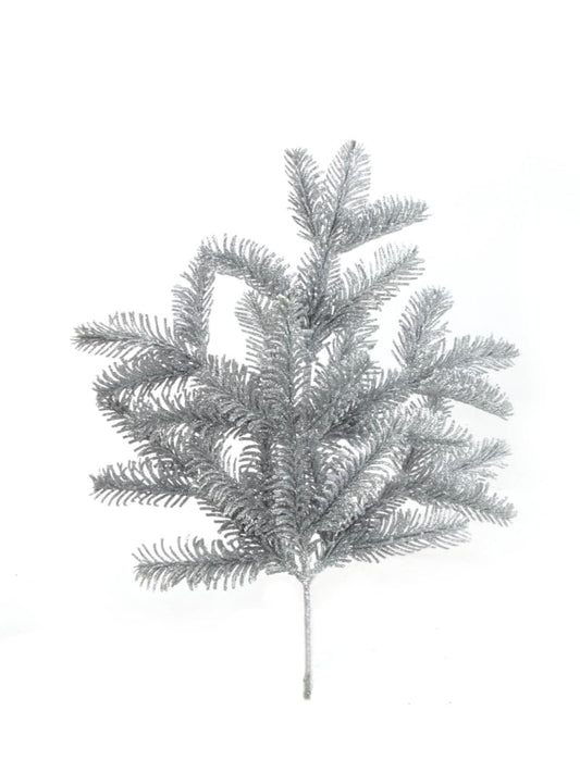 Silver 16" Glitter Pine Pick - Sparkling Artificial Pine Spray for Christmas Decor, Wreaths, and Holiday Arrangements Add Glamour and Shine to Your Festive Creations with this Silver Glitter Pine Pick