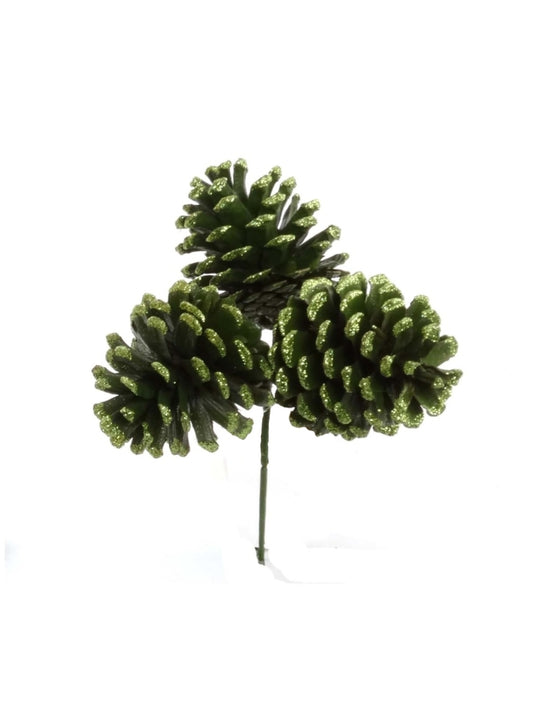 36-Pack of 2.5-Inch Green Pine Cone Picks with Glitter Edge - Festive Decorative Picks for Holiday Crafts, Wreaths, and Floral Arrangements - Sparkling Christmas Pinecones