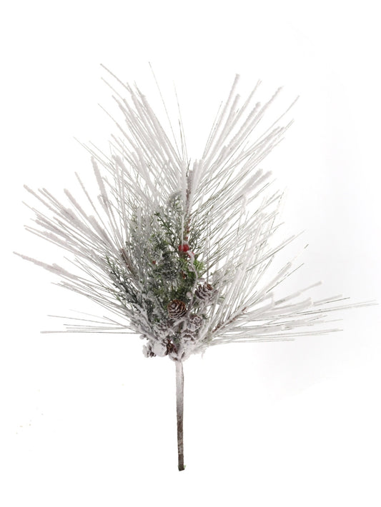 20-Inch Snow Pine Berry Cone Pick - Set of 12 Pieces - Christmas Floral Arrangement Decorations - Realistic Snow-Tipped Pine Branches with Berries and Pinecones