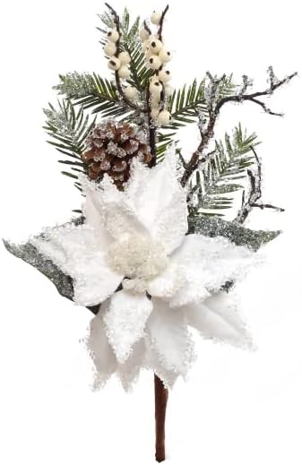 16-Inch Deluxe Frosted Poinsettia and Pine Pick - Premium Artificial Christmas Floral Accent - Elegant Winter Wonderland Flower Sprays for Holiday Wreaths and Centerpieces