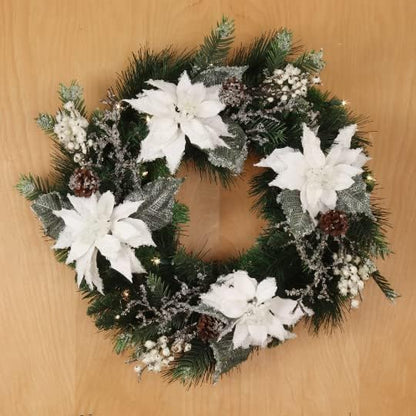 16-Inch Deluxe Frosted Poinsettia and Pine Pick - Premium Artificial Christmas Floral Accent - Elegant Winter Wonderland Flower Sprays for Holiday Wreaths and Centerpieces