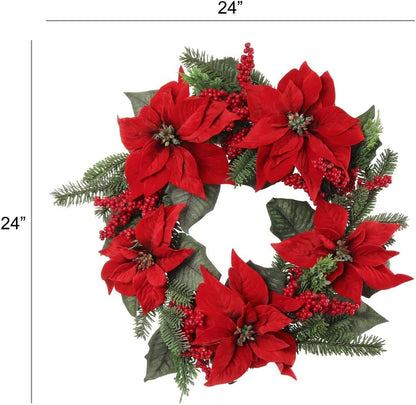 Premium 22-Inch Handmade Poinsettia and Pine Wreath with Vibrant Berries - Ideal Christmas and Winter Holiday Home Decoration
