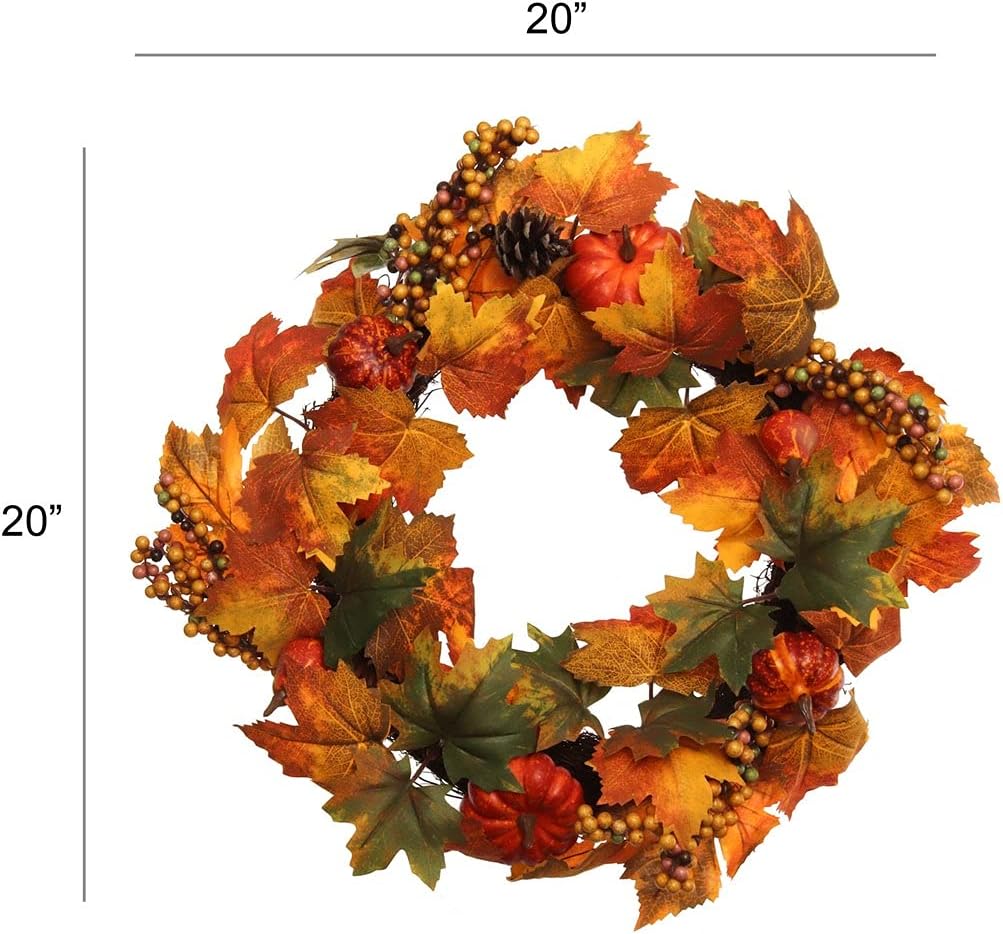 20-Inch Autumn Splendor Wreath: Maple, Berries & Pumpkins - Ideal for Harvest Home & Door Decor