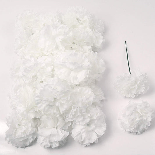 100 White Silk Carnation Picks, Artificial Flower Heads for Weddings, Decorations, DIY Decor, Bulk Carnations, 3.5" Carnation Heads with Unattached 5" Stems