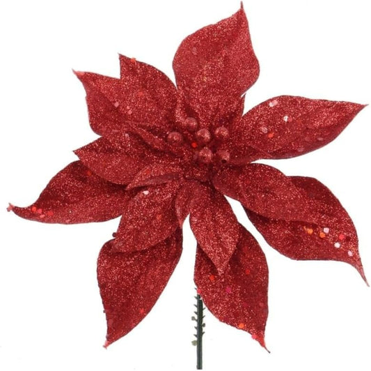 Shimmering 10-Inch Red Glitter Poinsettia - Set of 6 Festive Christmas Flowers for Holiday Decorations and Crafts