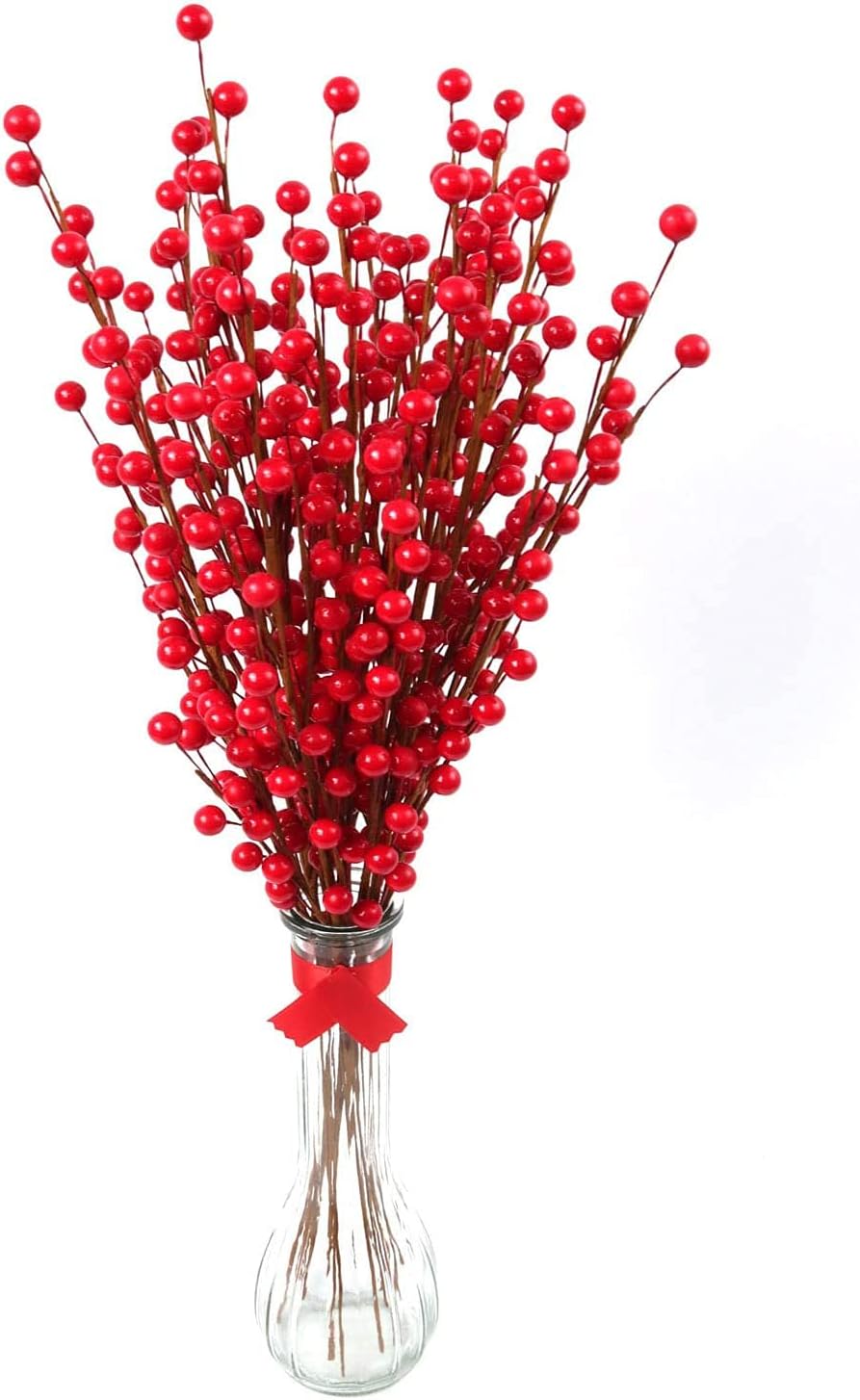 Set of 48: Red Holly Berry Stems with Lifelike Berries | 19-Inch | Festive Holiday Decor | Trees, Wreaths, & Garlands | Christmas Picks | Home & Office Decor