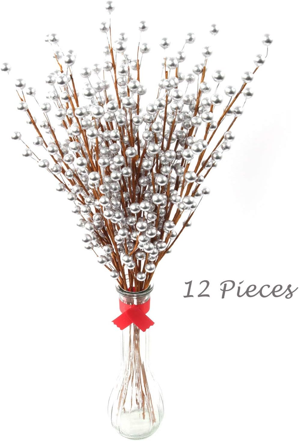 48-Pack Silver Holly Berry Stems with 35 Lifelike Berries | 19-Inch | Festive Holiday Decor | Trees, Wreaths, & Garlands | Christmas Picks | Home & Office Decor