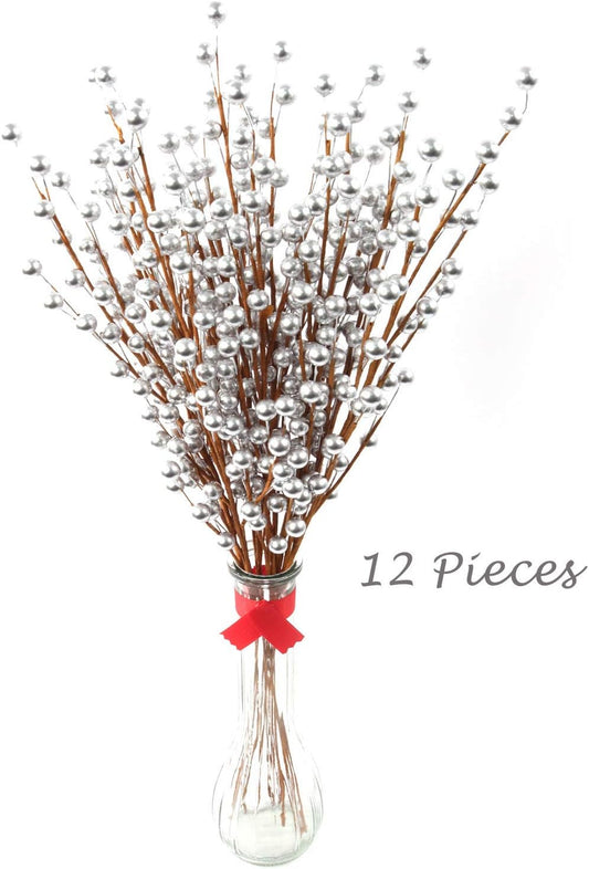 48-Pack Silver Holly Berry Stems with 35 Lifelike Berries | 19-Inch | Festive Holiday Decor | Trees, Wreaths, & Garlands | Christmas Picks | Home & Office Decor