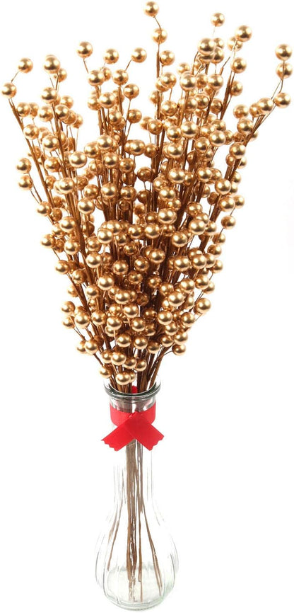 Pack of 12 Artificial Berry Twigs with Gold Berries - 17 Inches Tall - Realistic and Lifelike Christmas Berry Spray Stems