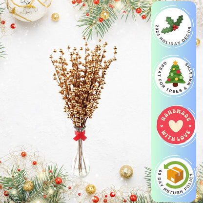 Pack of 12 Artificial Berry Twigs with Gold Berries - 17 Inches Tall - Realistic and Lifelike Christmas Berry Spray Stems