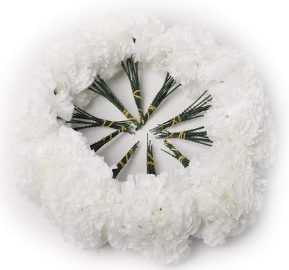 100 White Silk Carnation Picks, Artificial Flower Heads for Weddings, Decorations, DIY Decor, Bulk Carnations, 3.5" Carnation Heads with Unattached 5" Stems