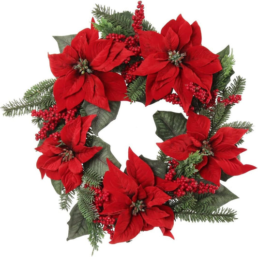 Premium 22-Inch Handmade Poinsettia and Pine Wreath with Vibrant Berries - Ideal Christmas and Winter Holiday Home Decoration