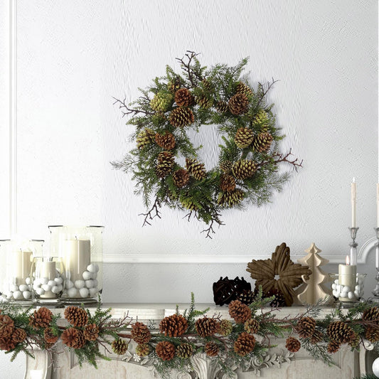 Set of 2: Artificial Mixed Pine Wreath with Natural Moss, Twigs, & Pine Cones | 24" Wide | Holiday Accents | Indoor/Outdoor Use | Winter | Home & Office Decor, Floral Home by Artificial Flowers