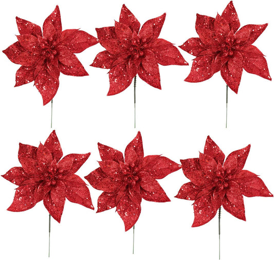 Set of 6 - Festive 8.5" Glitter Poinsettia Christmas Ornaments - Perfect for Holiday Decorating and Home Festivities