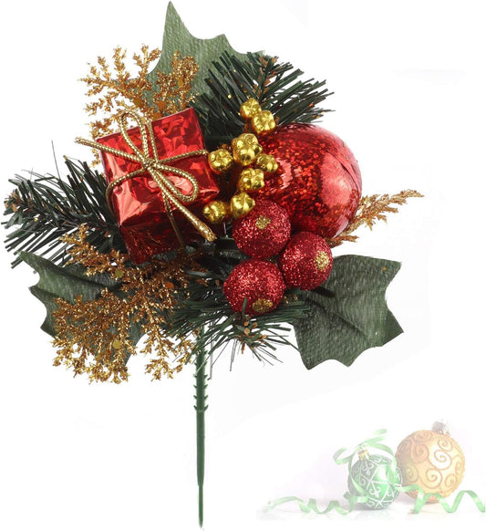 Festive Christmas Holly Decoration Set - 12 Pack Assorted Holly Picks, Red Berry Clusters, Glittered Balls & Gift Boxes - Perfect for Holiday Arrangements, Tree Trim & Seasonal Home Decor