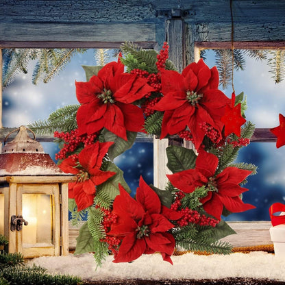 Premium 22-Inch Handmade Poinsettia and Pine Wreath with Vibrant Berries - Ideal Christmas and Winter Holiday Home Decoration
