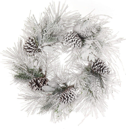 24" Celestial Snow Pine and Leaves Wreath, Frosted Pinecone Accents, Elegant Winter Door Decor, Perfect for Christmas & Holiday Season