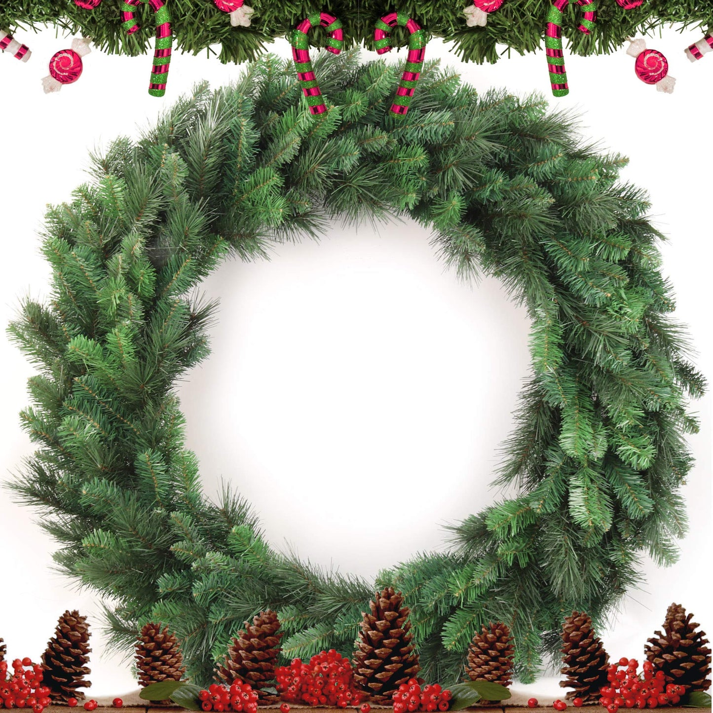 48" Handcrafted Evergreen Christmas Wreath - Festive Double Door Size with Natural Accents