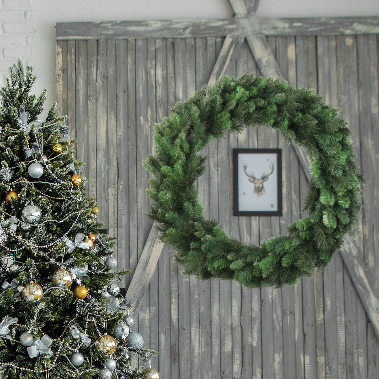 48" Handcrafted Evergreen Christmas Wreath - Festive Double Door Size with Natural Accents