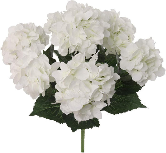 Hydrangea Silk Flower Bush, Seven Heads Per Bush, UV Resistant, Indoor & Outdoor Silk Plant, Adjustable Stem, Rich Green Leaves, Wedding
