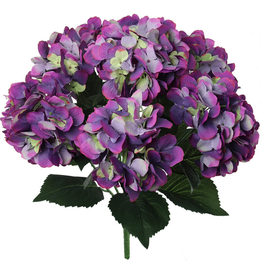 20" Hydrangea Silk Flower Bush in Lavish Purple Green - Pack of Seven Lifelike Heads - Premium Blooms for Home Decor, Weddings & Events