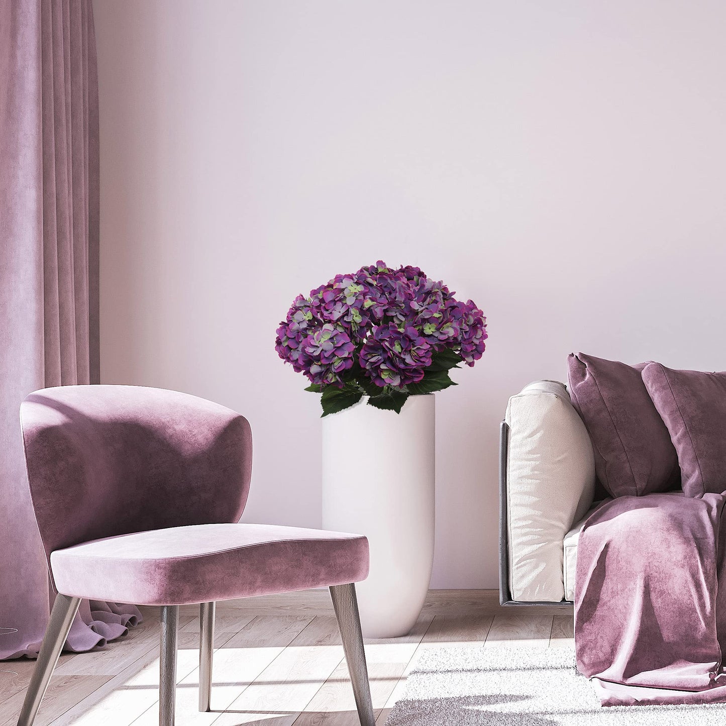 20" Hydrangea Silk Flower Bush in Lavish Purple Green - Pack of Seven Lifelike Heads - Premium Blooms for Home Decor, Weddings & Events