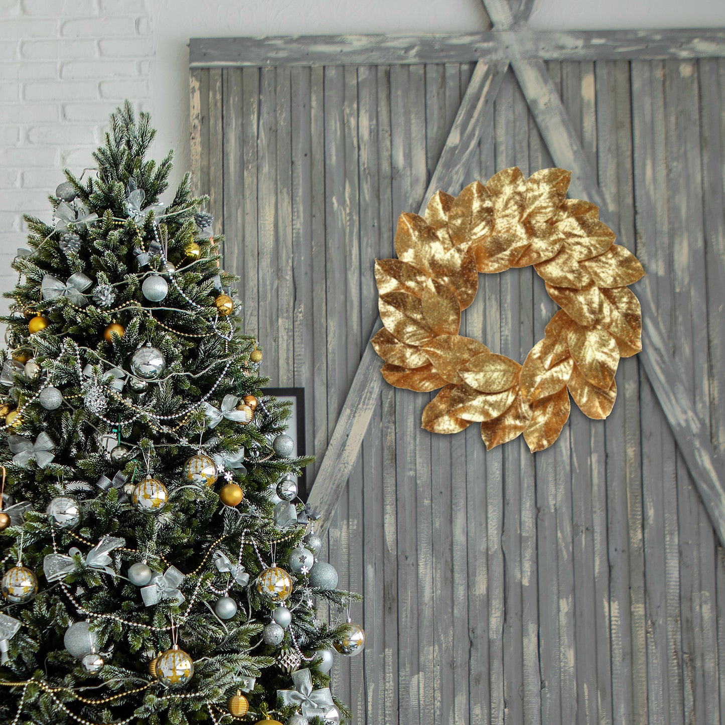 Gold Magnolia Leaf Christmas Wreath with Glitter Accents, 24" Holiday Door Decor, Indoor/Outdoor