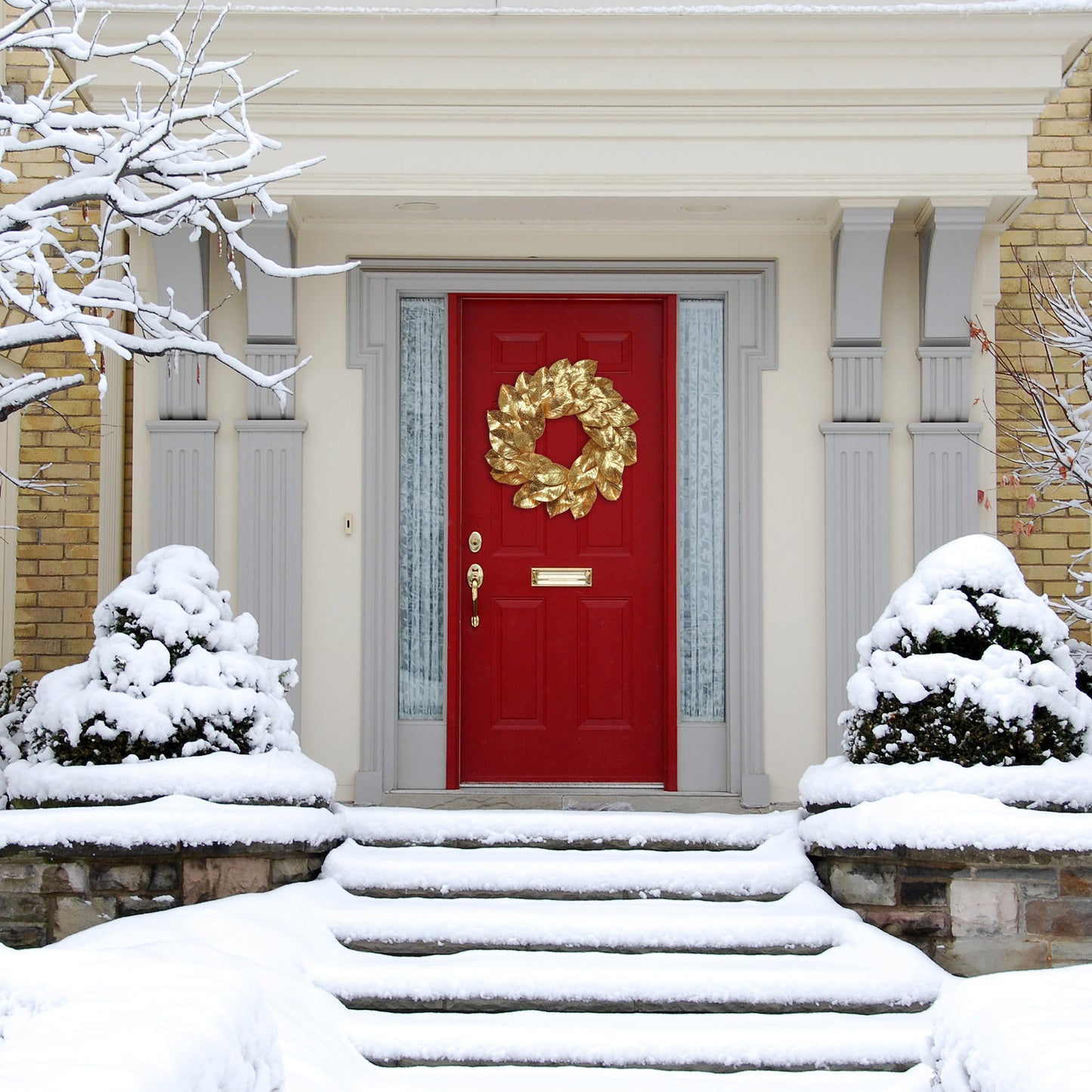 Gold Magnolia Leaf Christmas Wreath with Glitter Accents, 24" Holiday Door Decor, Indoor/Outdoor