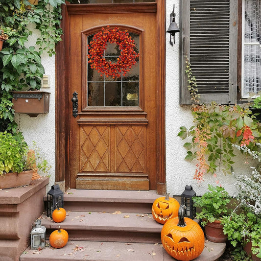 18" Orange Hawthorn Berry Wreath with Autumn Accents – Versatile Indoor/Outdoor Fall Decoration – Elegant Front Door Wreath for Home & Office – Seasonal Harvest Décor with Vibrant Colors