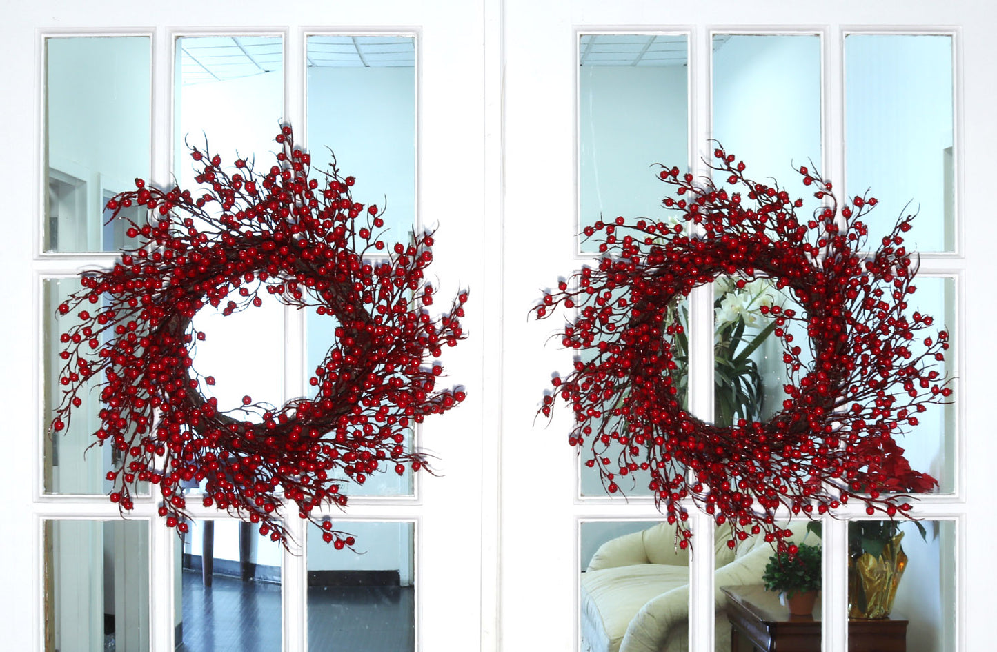 22" Red Rosehip Berry Wreaths - Set of 2, Lifelike Artificial Holiday Décor, Perfect for Front Door, Mantel & Wall - Christmas & Winter Accent