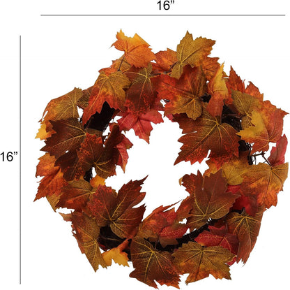 Autumn Maple Leaf Wreath | 16" Wide Silk Fall Wreaths | Grapevine Ring | Outdoor Front Door Thanksgiving Decor | Home & Office Decoration