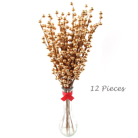 Set of 48: 17" Artificial Gold Holly Berry Sprays - 35 Lifelike Berries, Festive Holiday Decor for Trees, Wreaths, Garlands, Christmas Picks, Home & Office